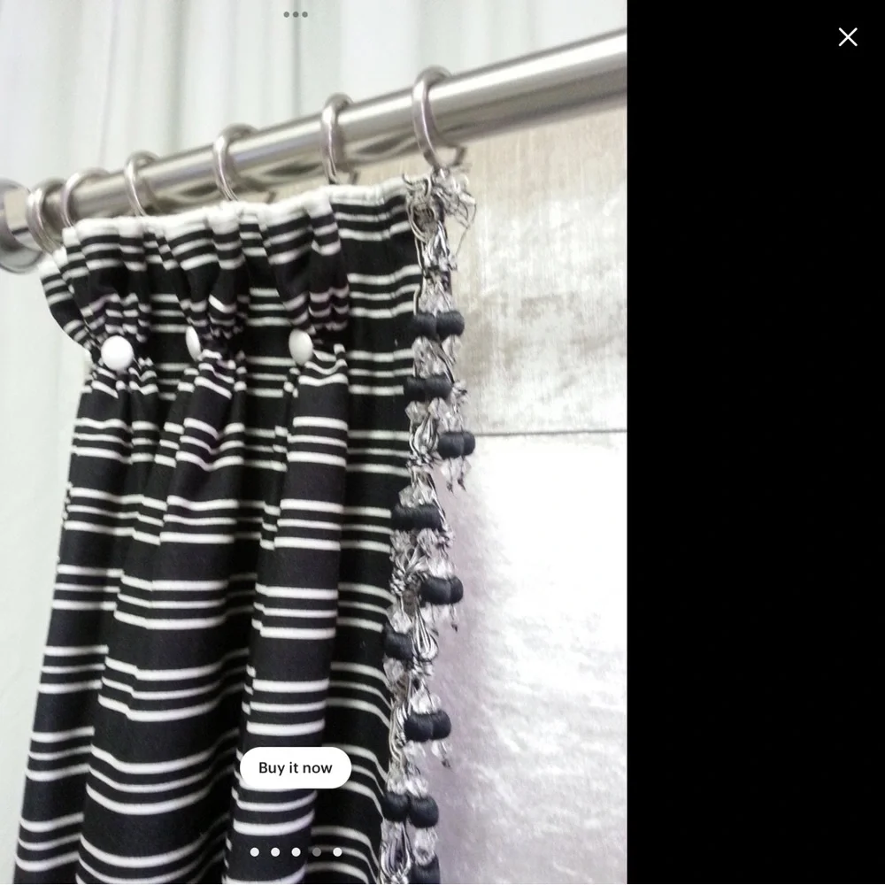 Curtain panel. Fancy tassel trim  @ leading edge. Buttons at each pleat. New